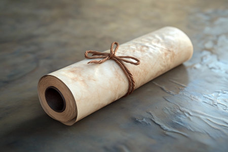 A beautiful roll of parchment is tied neatly with a rustic brown string, resting on a textured surface. The warm tones and natural materials evoke a sense of creativity and craftsmanship.の素材
