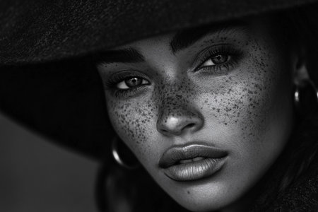 In a striking portrayal, a woman gazes intensely with freckles adorning her cheeks. Her wide-brimmed hat casts a soft shadow, enhancing her captivating features.の素材