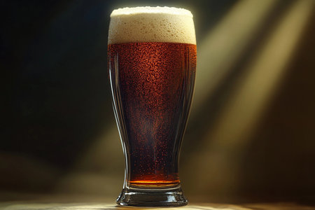 A beautifully crafted glass holds dark elemental beer, its surface shimmering under soft warm light. The rich hues and frothy head invite the viewer to savor the moment, evoking a sense of comfort.の素材