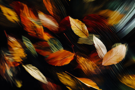 Amidst a vibrant autumn backdrop, leaves in a flurry of chaotic strokes twist and twirl. Their colors blend seamlessly, capturing the essence of fall in a mesmerizing display of motion and life.の素材