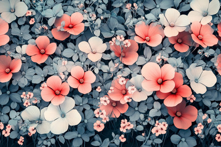 A lush arrangement of delicate flowers fills the garden with hues of pink and white, surrounded by rich greens. This captivating floral print creates a serene and inviting atmosphere for relaxation.の素材