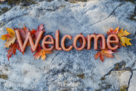 Intricate letters spelling welcome are crafted from natural wood, adorned with vibrant autumn leaves. This warm greeting is nestled against a rustic stone backdrop, inviting all who pass by.の素材