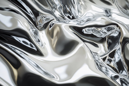 Waves of glistening silver undulate across the surface, creating an alluring molten effect. The smooth, shiny texture captures light, evoking a sense of fluidity and depth in an artistic display.の素材