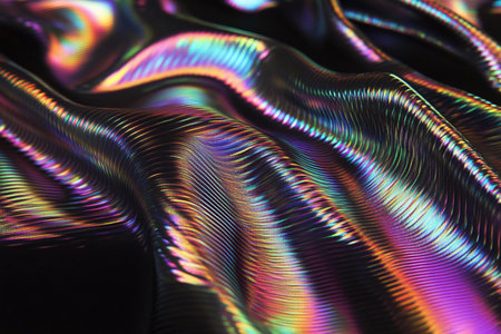 A beautiful display of fabric showcasing flowing iridescent patterns glimmers under soft light, revealing a symphony of colors that enchant the viewer with its dynamic texture and allure.の素材