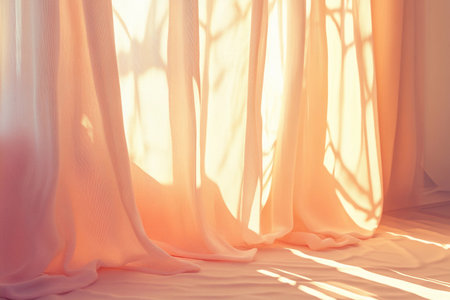 Soft rays of sunlight filter through sheer curtains, creating a serene atmosphere. The pastel peach hues blend beautifully with gentle shadows, enhancing the tranquil morning light.の素材