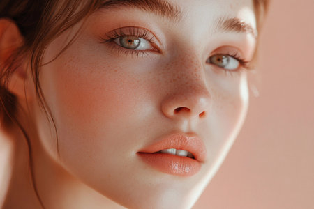 In a serene setting bathed in warm peach tones, a woman with soft makeup showcases her natural beauty, capturing an enchanting moment that highlights her delicate features and sparkling eyes.の素材