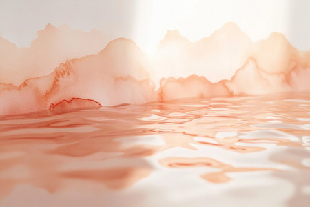 Gentle dilutions of soft peach hues dance across a serene surface, creating a dreamlike atmosphere. The warm tones reflect a calm and soothing ambiance, inviting contemplation and peace.の素材