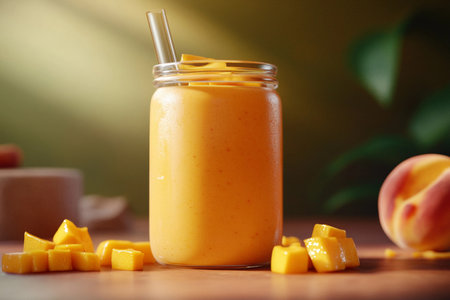 Bright mango smoothie fills a clear jar, enhanced with a straw. Chunks of ripe mango surround the jar, evoking a warm afternoon vibe perfect for a summer day.の素材