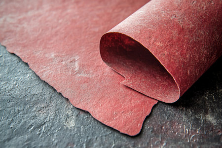 Richly colored red paper with a unique texture rests elegantly against a dark background, inviting creativity for various artistic and design projects in a tranquil setting.の素材