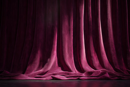 Soft, luxurious burgundy velvet drapes cascade gracefully to the floor, enhancing the warm ambiance of the space. The rich texture invites a sense of elegance and tranquility.の素材
