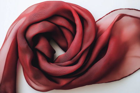 A rich muted red scarf lies elegantly, showcasing its soft texture and drapery. The fabric catches the light beautifully, inviting onlookers to admire its refined aesthetic and warmth.の素材