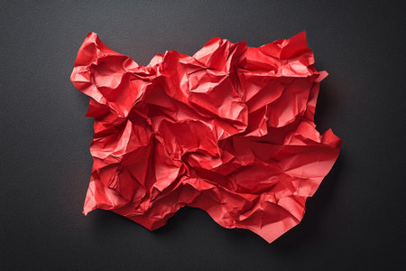 A crumpled sheet of red paper lies on a sleek black surface, showcasing its texture and vibrant hue. The chaotic folds and creases evoke a sense of creative expression and artistic intrigue.の素材