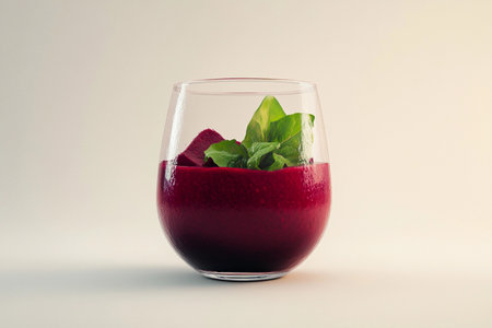 A vibrant berry smoothie fills a modern glass, topped with fresh basil leaves. Set against a soft backdrop, this healthy drink invites a moment of enjoyment, perfect for any time of day.の素材