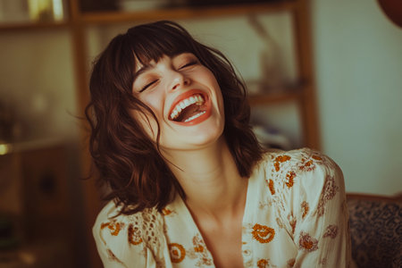 A woman laughs joyfully during a retro-themed photoshoot, dressed in vintage attire that reflects warmth and charm. The intimate setting enhances her radiant smile and vibrant spirit.の素材