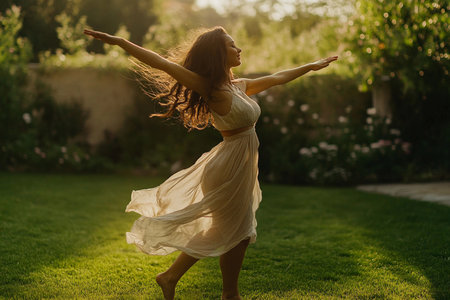 On a vibrant green lawn, a woman dances with pure joy, her hair flowing in the gentle breeze. The warm sunlight highlights her carefree spirit, creating a moment of happiness and freedom.の素材