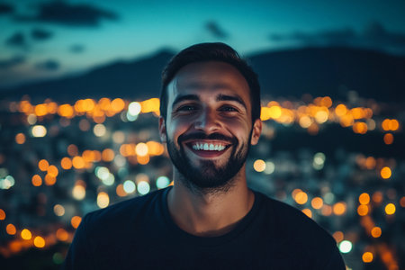 A man with a warm, joyful smile stands confidently against a beautiful city skyline illuminated by countless lights.の素材