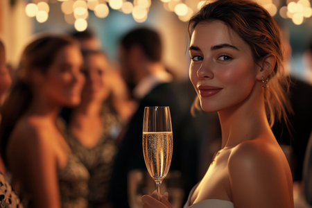 A woman elegantly holds a glass of champagne, surrounded by friends at a festive celebration. The warm lights create a joyful atmosphere, highlighting the spirit of celebration and connection.の素材