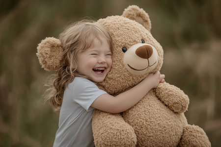 A young child radiates happiness while hugging a fluffy teddy bear in a sunny park. The warmth of childhood joy is captured with laughter and love, creating a delightful moment in nature.の素材