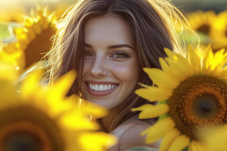 In a vibrant sunflower field under a golden sun, a woman expresses sincere joy with a radiant smile, fully immersed in nature's beauty and the warmth of the day.の素材