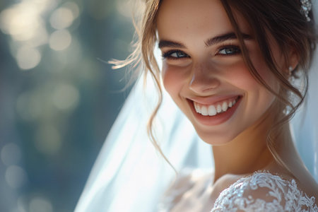 A radiant bride beams with joy in a beautifully decorated outdoor venue. Her smile captures the essence of love and celebration as she embraces her magical wedding moment surrounded by nature.の素材