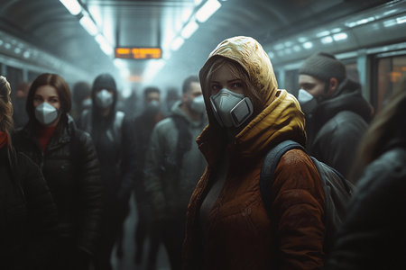 In a bustling subway, individuals in masks crowd the space, sharing glances while waiting for their train. The atmosphere reflects a unique mix of tension and resilience felt during challenging times.の素材