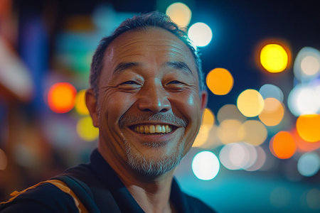 A joyful man beams with a wide smile against a backdrop of glowing city lights. The night setting adds an enchanting ambiance, highlighting his warmth and happiness in this lively environment.の素材