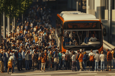 A large group gathers at a bus stop, their anticipation palpable as they await the arrival of the bus. The vibrant urban backdrop adds energy to this busy moment in the heart of the city.の素材
