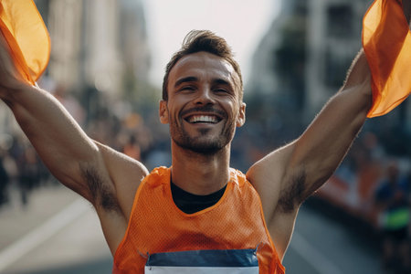 Crossing the finish line of a vibrant marathon, the athlete radiates joy, arms raised in victory. The bustling crowd and city backdrop elevate this moment of achievement and exhilaration.の素材