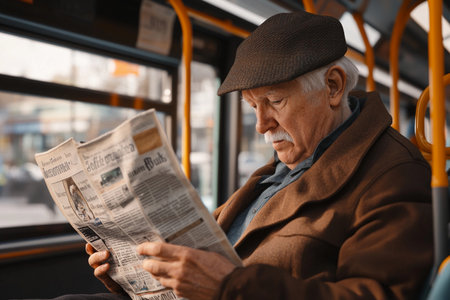 Seated comfortably on the bus, an elderly man engrosses himself in a newspaper, surrounded by the soft chatter of commuters. Sunlight filters through the windows, capturing his thoughtful expression.の素材