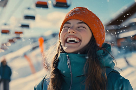 A woman enjoys the winter wonderland, her laughter echoing among the ski slopes. Surrounded by snow and bright skies, she shares a moment of pure joy, enveloped in a cozy jacket and hat.の素材