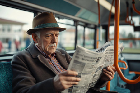 On a bustling city bus, an elderly man in a stylish hat sits comfortably reading a newspaper. The soft afternoon light filters through the windows, creating a serene atmosphere amidst the urban chaos.の素材