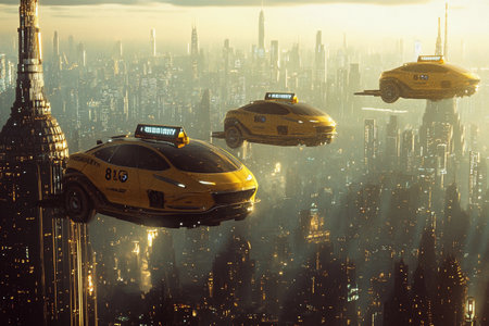 Hovering taxis soar above a sprawling cityscape, their bright lights illuminating the night sky. A blend of advanced technology and urban life unfolds in this vibrant, futuristic setting.の素材