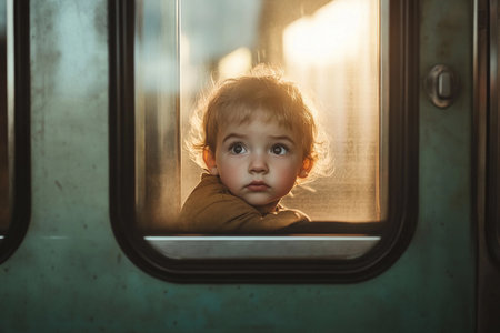 A young child with soft curls looks out of a train window, captivated by the passing scenery. Warm sunlight filters through, creating a magical glow that enhances their innocent wonder.の素材