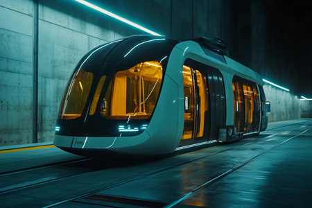 A sleek, driverless tram awaits its journey in a modern underground station, illuminated by soft neon lights that reflect off the polished floor, creating an atmosphere of innovation and tranquility.の素材