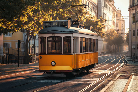 A classic yellow tram navigates the cobblestone streets of a European city, surrounded by historic buildings. The warm glow of the golden hour casts a magical light on the scene.の素材