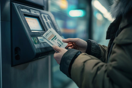 A traveler engages with a ticket machine in a busy public transport station, preparing for the next adventure. The hustle and bustle of the city adds excitement to the morning commute.の素材