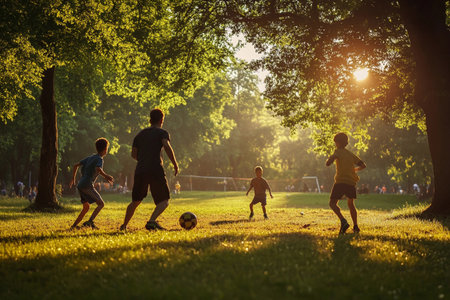 Children and an adult enjoy an energetic game of soccer in a lush park, surrounded by tall trees. The warm sunlight filters through the leaves, creating a vibrant atmosphere of fun and exercise.の素材