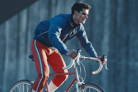 A man clad in a vibrant tracksuit pedals confidently on his road bike, navigating through a lively urban area during the early hours of dawn, with soft sunlight illuminating his path.の素材