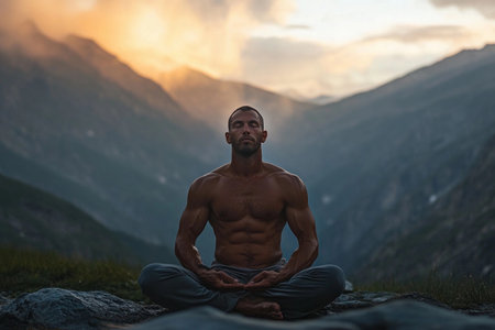 In a breathtaking mountainous landscape, a focused individual sits cross-legged in meditation, embodying calmness and strength as the sun sets behind majestic peaks, creating an aura of serenity.の素材