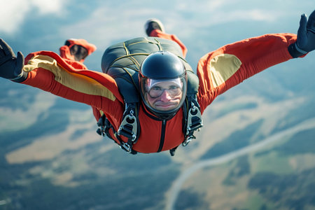 Soaring through the sky in a vivid jumpsuit, a daring skydiver revels in the exhilarating rush of free fall.の素材