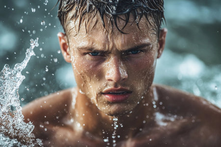 A determined individual trains in open water, his skin glistening from splashes. The intensity of his focus contrasts with the vibrant waves surrounding him, capturing a moment of dedication.の素材