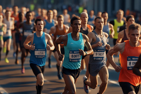 In a bustling city, a diverse group of dedicated athletes races forward, showcasing their energy and determination. Vibrant colors and focused expressions create an electrifying atmosphere.の素材