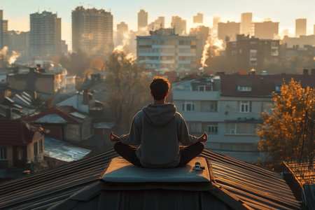 Amidst the awakening city, a calm figure meditates on a rooftop during sunrise. Surrounded by urban architecture, serene energy radiates, marking a peaceful start to the day.の素材