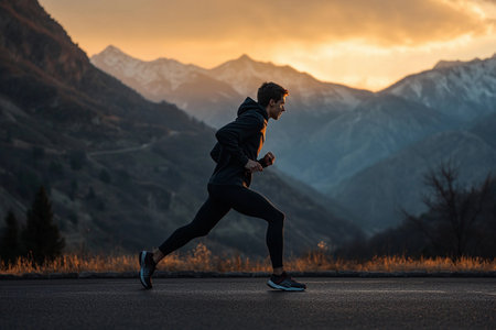 As the sun sets behind majestic peaks, a determined runner strides confidently along the winding path, embodying strength and focus against the breathtaking mountain backdrop.の素材