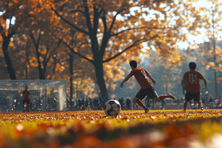 Beneath the golden glow of autumn leaves, players compete fiercely in a park soccer match. The intense energy of the game contrasts beautifully with the tranquil natural setting.の素材