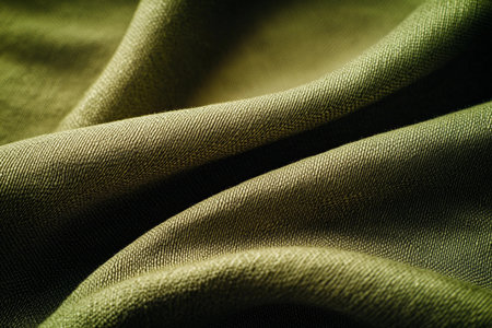 Soft folds of fabric in olive green create a rich tactile experience, inviting touch and exploration. This textile encapsulates a sense of calm and natural beauty, perfect for cozy settings.の素材