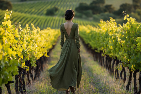 A woman in a flowing olive-colored dress strolls gracefully among the vibrant rows of grapevines. The golden light of sunset enhances the serene beauty of the vineyard landscape.の素材