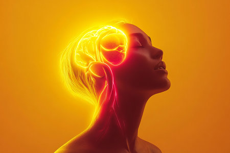 A person stands thoughtfully with their head slightly tilted, while a glowing representation of the brain radiates light above.の素材