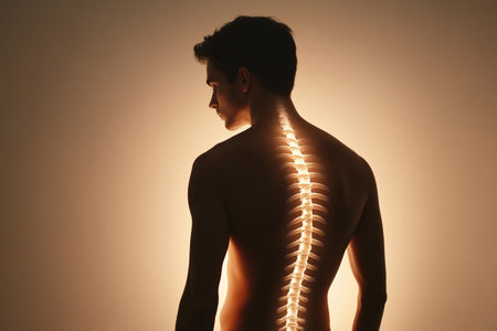 A male figure is captured in silhouette against a soft, glowing backdrop, highlighting a radiant illustration of the spine. This artistic display emphasizes anatomy and wellness.の素材