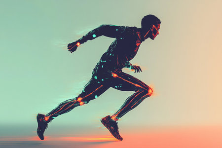 In a captivating display of speed, a figure sprints forward, limbs glowing with vibrant colors against a soft twilight backdrop. The energy emanates from the runner, showcasing pure determination.の素材